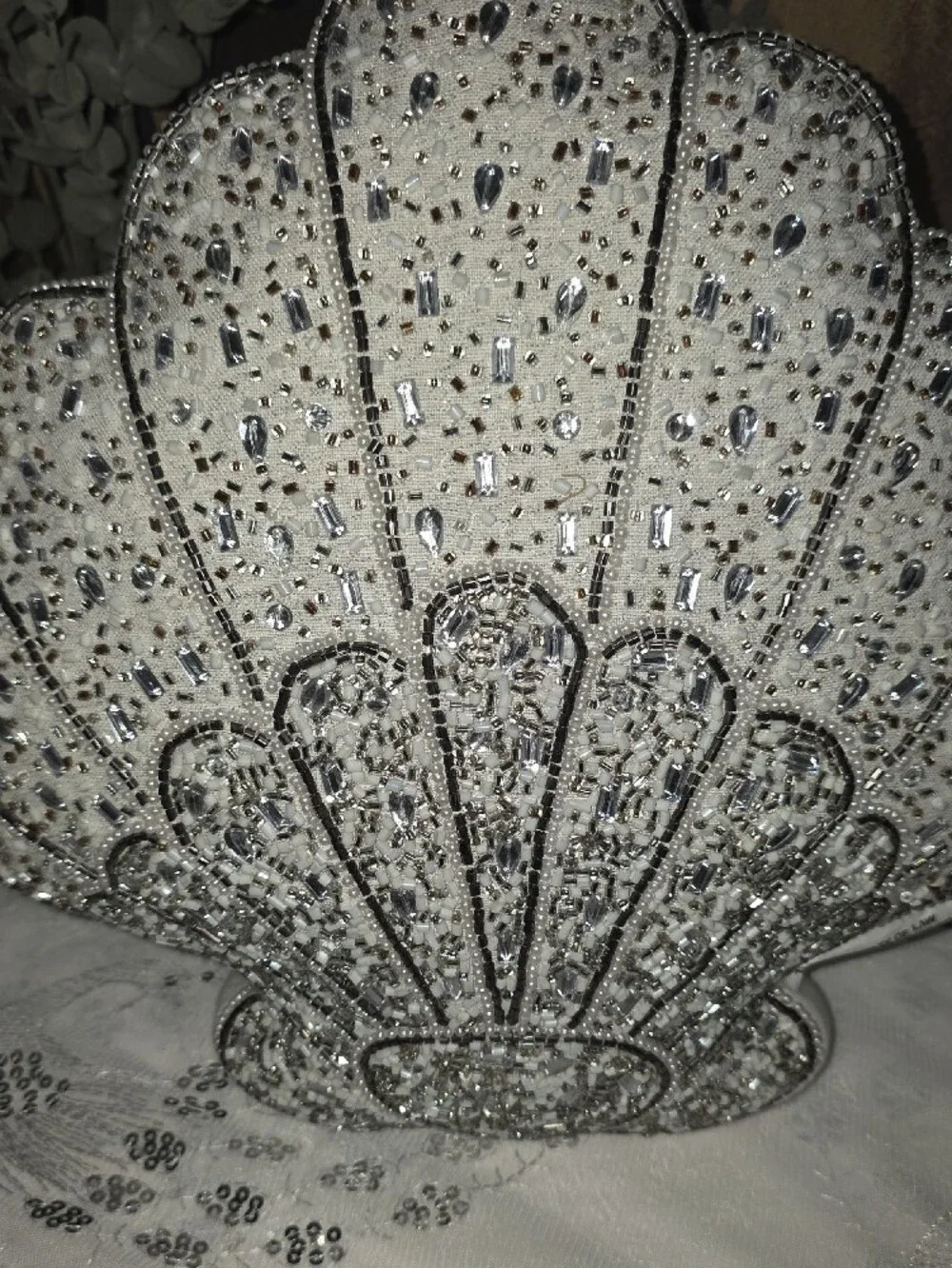 Beaded Shell Accent Pillow in White and Silver